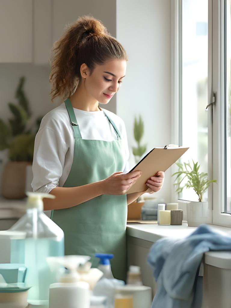 Professional cleaner reviewing a checklist beside a bright apartment window with neatly arranged supplies