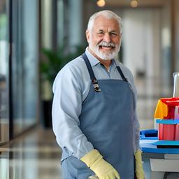 Maria Guzman smiling beside a commercial cleaning cart in a modern Manhattan office lobby