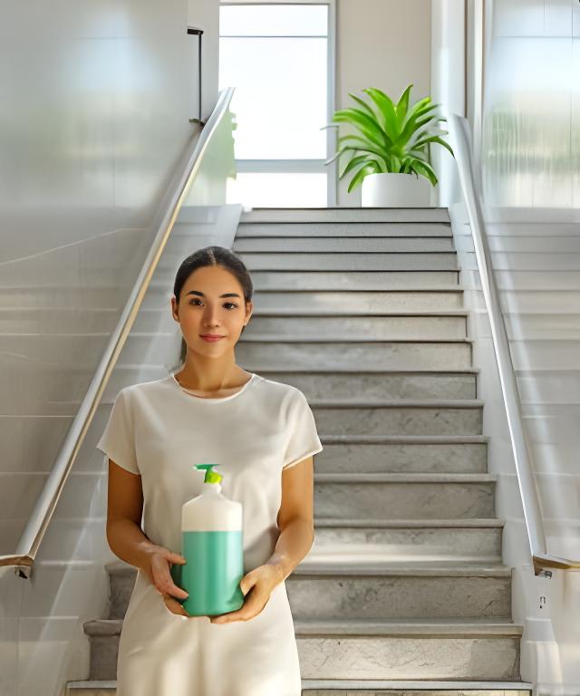 Founder standing in a bright New York hallway holding eco-friendly cleaning supplies beside a freshly polished staircase