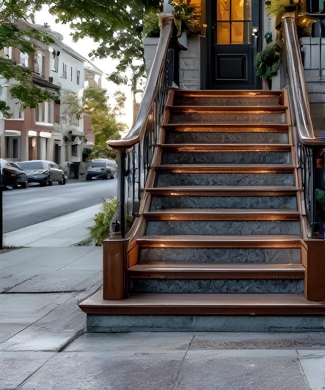 Cleaned residential stoop in Ridgewood with tidy steps, polished railings and warm evening light