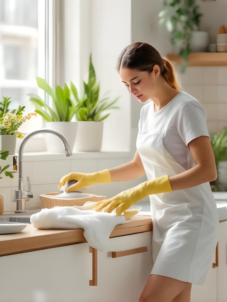 Professional cleaner tidying a sunlit New York apartment with fresh towels and a polished kitchen surface