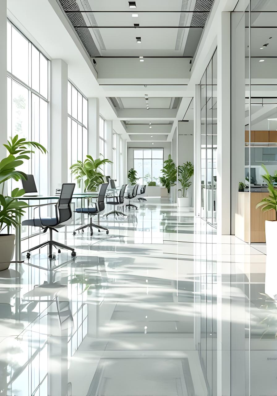 Pristine modern office interior with polished floors, glass desks and soft daylight through large windows